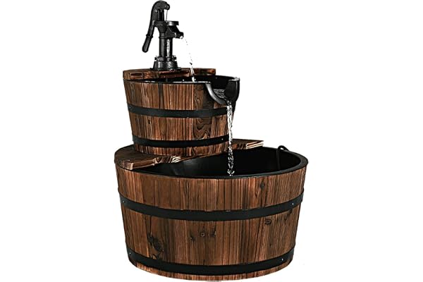 DREAMADE Fontaine de Jardin en Bois à Débit d'eau Réglable, Fontaine à Eau Décorative avec Pompe de Circulation, 2 Étages avec Cascades, pour Intérieur ou Extérieur Marron Foncé