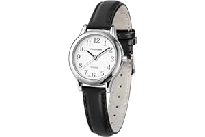 PINDOWS schlanke minimalistische Quarz-Analoguhr für Damen, Gehäuse in Goldton mit schwarzem Lederarmband, modische, Elegante Armbanduhr für den Alltag