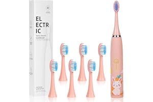 Vicloon Kids Cepillo de Dientes Eléctrico Recargable 4 Modos de Limpieza Cepillo Electrico Infantil para Niños 3-8 Cepillo de Dientes Sónico para Bebés con 6 Cabezales de Alto, Impermeable IPX6, Rosa