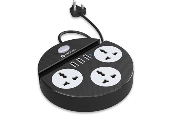 Portronics Power Plate 5 1500W Power Converter with USB Charger & Mobile Holder 3AC Socket + 3USB Ports, 1.5 m Cord Length (Black)