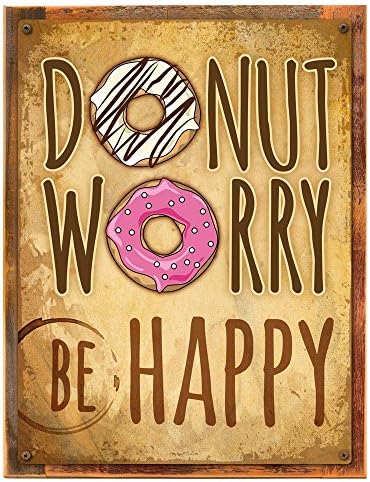 Wood-Framed Donut Worry, Be Happy Metal Sign Featuring Frosted Donuts for Decorating Kitchen, Office, or Breakfast Nook on reclaimed, rustic wood