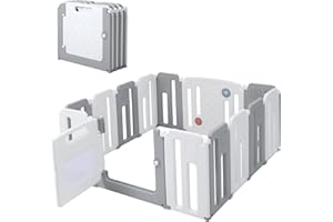 DREAMADE Parc Bébé Pliable 14/16 Panneaux, Barrière de Sécurité avec Planche à Dessin, Porte avec Verrou de Sécurité, Forme Réglable, Base Antidérapante pour Intérieure et Extérieure (14 Panneaux)