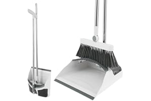 Retrok Juego de escoba con recogedor con mango largo, giratorio 180° y gran capacidad, juego de escoba con dientes de peine, almacenamiento plegable, peso ligero, juego de recogedor