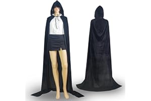 Feeziloe Halloween Hooded Cloak, Velvet Fancy Cape for Halloween Christmas Costume Grim Reaper Vampire Party, Devil Witch Wizard Cosplay (130cm/M, Black)