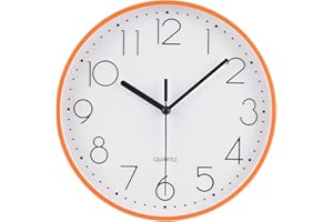 Topkey Reloj de pared redondo silencioso de 9 pulgadas, números arábigos, reloj de fácil lectura para sala de estar, dormitorio, escuela y guardería, batería no incluida, color naranja