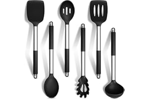 HaWare Kitchen Utensils Set, 6 Pcs Black Silicone Cooking Utensils, Heat Resistant Stainless Steel Handle for Non-Stick Cookware, Kitchen Tools Include Ladle Turner Spoon Pasta Server, Dishwasher Safe