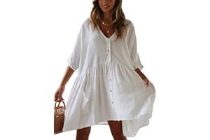 HYUET Copricostume da Bagno Donna Mare, Elegante Vestito Mare Corto da Donna Estivo Abito da Spiaggia Donna in Cotone Taglia Grande Tunica Kimono Sexy Beach Bikini Cover ups Uno Taglia