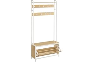 VASAGLE Appendiabiti con Scarpiera a Ribalta, Mobile da Ingresso, con Panca, 9 Ganci e Mensola Superiore, per Corridoio Camera da Letto, Stile Moderno, Rovere e Bianco HSR405W09