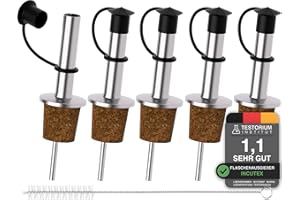 Incutex 5X Flaschenausgießer aus Edelstahl mit Presskorken und 1x Reinigungsbürste, Kork Ausguss mit Gummikappenverschluss, Freifluss-Ölstopp,Ausgießer für Flaschen, Öl Spirituosen Wein Likör Essig
