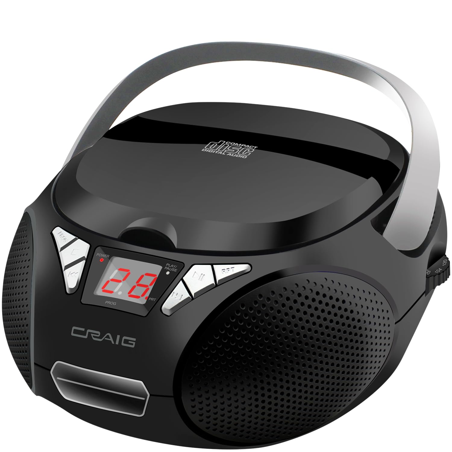 Craig CD6925 Portable Top-Loading Boombox with AM/FM Radio - Black, LED, Programmable, CD-R/CD-W, Auxilary Port