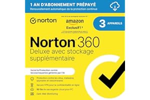 Norton 360 Deluxe Exclusivité Amazon* + 25 Go de sauvegarde cloud supplémentaire 2026|3 Appareils | 1 An d'Abonnement en renouvellement automatique |Téléchargement