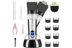 X XBEN Dog Clippers, 2 in 1 Rechargeable Cordless Dog Grooming Kit and Paw Trimmer Blade, 2 Speed Low Noise High Power Pet Grooming Tools Set for Small Large Dogs Cats Pets with Thick Heavy Hair
