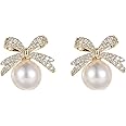 GAUEIOUR Pearl Bow Earrings,Rhinestone Cute Alloy Ribbons Drop Earrings,Christmas Party Jewelry Earrings,Silver Needle Inlaid Diamond Style Design Earrings(White Pearl)