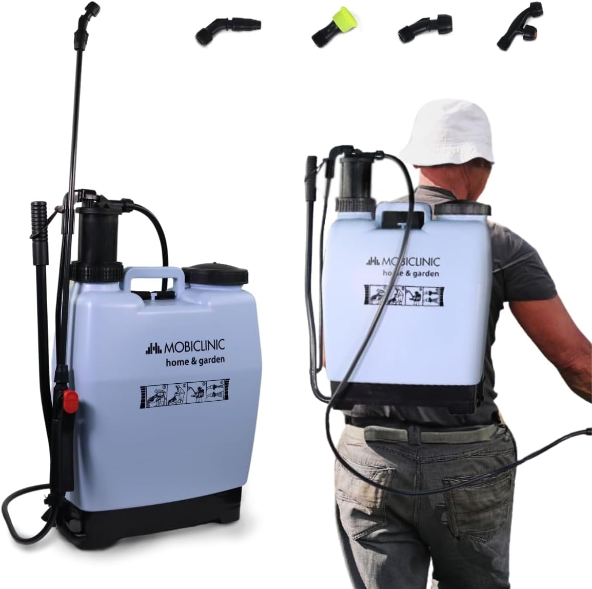 Mobiclinic®, Mochila Pulverizadora, 16 L, Jardinería, Presión con Bomba, 4 Boquillas Ajustables, Peso Ligero 2 kg, Sulfatadora, Riego, Control de plagas, Cuidado Plantas, Fumibug