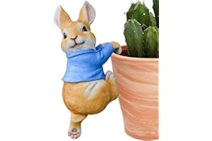 PEIQICHU Cute Rabbit Plants Pot Hanger Resin Easter Bunny Statue Flower Pot Planter Hanging Decorative Bunnies Wear Blue Cloth Sculptures Outdoor Garden Lawn Ornaments Home Office