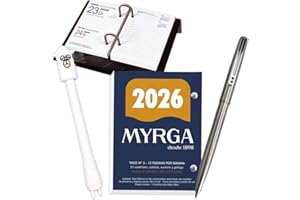 FAIBO Y MYRGA Lote de 1 Porta-calendarios (soporte) FAIBO y 1 bloc taco calendario MYRGA sobremesa escritorio año 2026 650 páginas - Fin de semana / 1 Página + 1 Bolígrafo Inoxcrom B77 Cromado + Bolígrafo de diseño