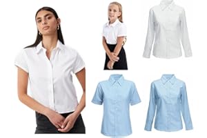 L S U Chemisier d'école à manches longues et courtes pour fille Blanc et bleu