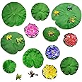 GOIYZTTR 24Pcs Floating Pond Plants Set, Realistic Lily Pads Artificial Frog Lotus Leaves and Foam Lotus Flowers Floating Lotus for Pond Pool Crafts Decoration