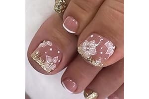 Irikdescia 24 sztuki wzorów kwiatowych Press On Toe Nails, złote błyszczące sztuczne Toenails, krótkie sztuczne Toenails, French Square Artificial Toenails Stick On Toenails