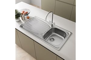 SÄUBER® 950 x 500mm Stainless Steel Kitchen Sink Single One 1.0 Bowl Inset Drop in Installation, Left Hand Drainer, 18/10 Grade Steel Sinks, Free Basket Strainer Waste