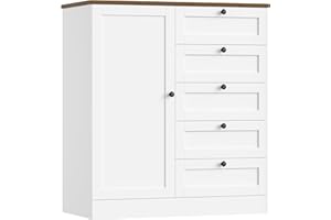 HOCSOK Kredens, szafka kuchenna, komoda biała, szafka bufetowa z 1 drzwiami i 5 szufladami, do kuchni, salonu, jadalni, 85,5 x 40 x 97 cm