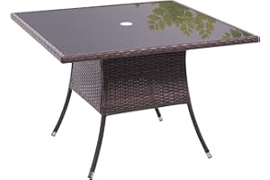 The Fellie Patio Table Garden Rattan Table Tempered Glass Table Top Coffee Table Outdoor Bistro Table with Umbrella Hole (Brown, Square Table)