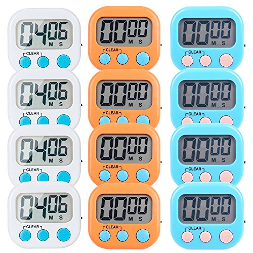 12 Pack Small Digital Kitchen Timer Magnetic Back and ON/Off Switch,Minute Second Count Up Countdown（White,Blue,Orange）