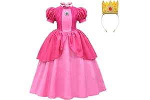 DELANHON Kids Super Bros Classic Princess Peach Costume Girls Deluxe Lace Dress Up Outfit with Crown