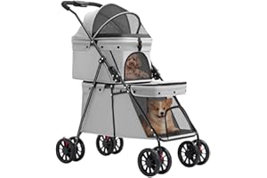 HUOLE Passeggino a doppio strato, per cani, gatti, animali, viaggi, pieghevole, cane, gatto, a quattro ruote, carrello, carrozzina, passeggino, Buggy-67 x 50 x 95 cm, grigio