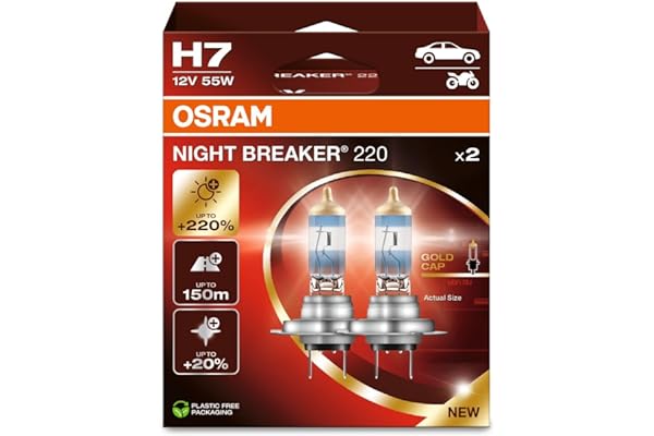 OSRAM NIGHT BREAKER 220, H7, 220% más brillo, lámpara de faro halógeno, 64210NB220-2HB, Caja plegable (2 lámparas)