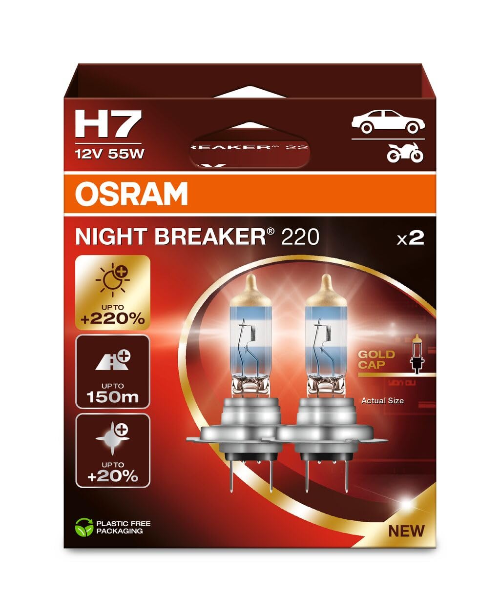 Osram NIGHT BREAKER 220, H7, +220% mehr Helligkeit, Halogen-Scheinwerferlampe, 64210NB220-2HB, Faltschachtel (2 Lampen) | Halogen-Scheinwerferlampe, 64210NB220-2HB, Faltschachtel (2 Lampen)