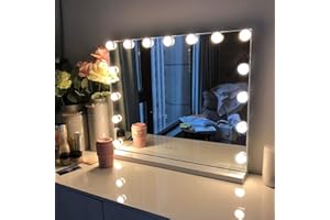 FENCHILIN Podświetlane hollywood lusterko kosmetyczne z 15 regulowanymi jasnością diodami LED, portem typu C i USB, 3 kolorowe tryby oświetlenia, czujnik dotykowy, lupa 10x, montaż na blacie / na ścianie, 58 x 46 cm