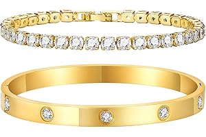 TempBeau Women's Gold Silver Tennis Bracelet - Crystals Tennis Bracelet 6 mm Wide Cubic Zirconia Bangle for Women, Waterproof Tennis Bracelet with Stainless Steel Bracelets Set Gifts for Women