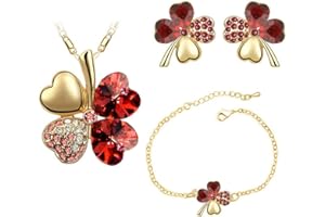 Auriselle Señoras Joyería Set Trébol de Cuatro Hojas de la Suerte Pendientes Collar Pulsera 3 Piezas Mujeres Joyería con Zirconia Cúbico Regalos de Boda para Damas