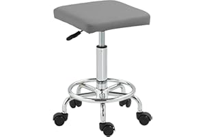 HOMCOM Square Rolling Stool, Height Adjustable PU Leather Salon Chair with Padded Seat and Foot Rest, Swivel Beauty Stool on Wheels for Spa Drafting Salon Tattoo Work Massage, Grey