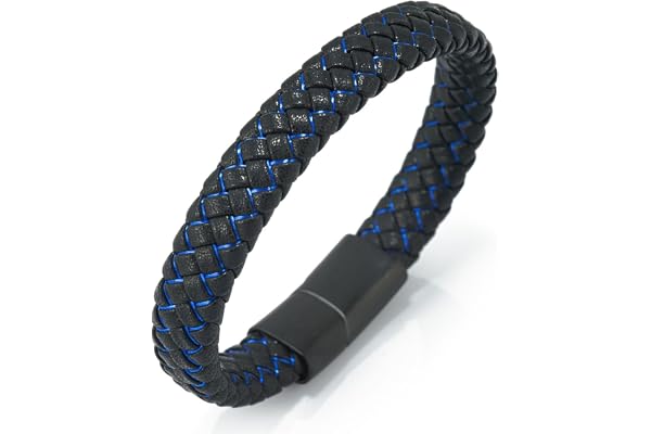 Halukakah Enfants ● Jazz Junior ● Garçons Cuir Véritable Tresse à La Main Noir mélange Bleu/Rouge/Vert Bracelet 6-12 Ans. Fermoir en Magnétique Titane Givré Taille Réglable 18-19.5cm avec Boîte-Cadeau
