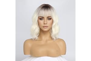 ‎SIMKAYLEE SIMKAYLEE Kurze Platin Gewellt Bob Perücke mit Pony Damen Kurz Platin blonde Perrücke für Frauen Schulterlang Ombre PlatinBlonde Perücken Locken für Karneval Fasching Party Halloween Cosplay (36 cm)
