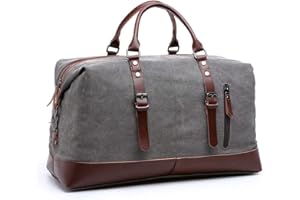 AUTUMNDEER TILEMALL Oversized Canvas Holdall Travel Carry On Duffel Bags Plus Handbag Shoulder Bag Crossbody Overnight Weekend Bag Unisex Travel Holdall Handbag with PU Leather Handle (Gray)