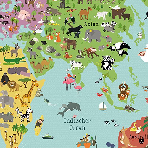 Illustrierte Weltkarte für Kinder mit vielen süßen Tieren XXL 120 x 80 cm Poster - 6