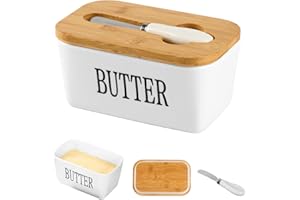 PANBEIQI Beurrier en céramique avec couvercle et couteau, beurrier hermétique avec couvercle en bois, multi-usage, 350 ml, pour comptoir ou réfrigérateur, pour fromage ou noix (blanc)