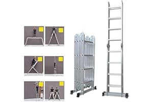 RIGOGO Escalera plegable de 4,7 m, escalera de aluminio con plataforma, escalera portátil multifuncional, capacidad de carga de 150 kg, fácil de almacenar, EN131