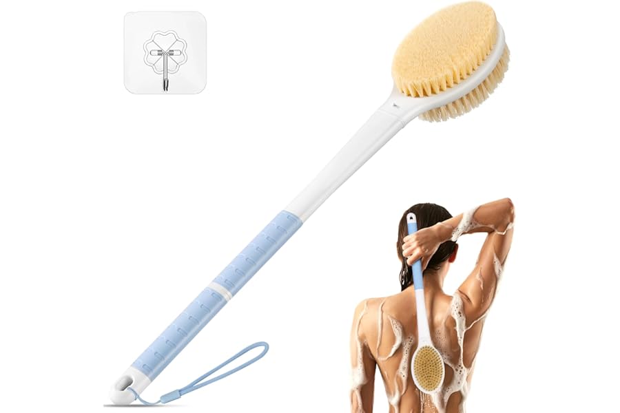 Back Scrubber Body Shower Brush: Anti Slip Long Handle Bath Brush with Stiff and Soft Bristles - Showering Exfoliator Wet or Dry Brushing for Women, Men, Elderly (Blue)