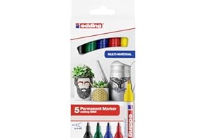 edding 3000 marker permanentny, czerwony, niebieski, zielony, żółty, czarny, zestaw 5 podstawowych kolorów, okrągła stalówka, szybkoschnący marker permanentny, wodoodporny, do kartonu, plastiku, drewna, metalu, szkła