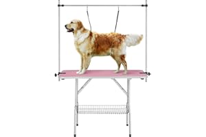 Yaheetech Duży stół do trymowania dla psów, z 2 szubienicami, akcesoria kąpielowe dla psów, składany stół do pielęgnacji psów, 118 x 60 x 177 cm (dł. x szer. x wys.) -maks. obciążenie 120 kg, różowy
