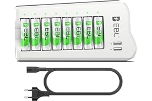 EBL Chargeur de Piles Rechargeables + 8PCS Piles AA Rechargeables Puissantes, avec 2 USB Ports pour Accus AA/AAA/Ni-MH et Smartphone, Tablette