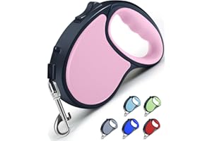 Retractable Dog Lead, ANCOOLE 5M/16FT Extendable Dog Lead 360°Tangle-Free Smooth&Durable Nylon Tape with Anti-Slip Handle, One-Handed Brake for Small Medium Dogs (Pink)