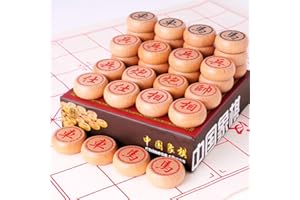 FunnyGoo Xiangqi Chinois Jeu d'échecs (2 joueurs, 60+, avec boîte en hêtre et échiquier en cuir, diamètre de 3,5 cm, avec boîte de Papier Dur coloré)
