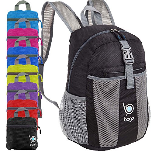 Bago Foldable Black Rucksack for Women and Men. Lightweight Packable Backpack , Great Unisex for Girls & Boys , For Travel School & Sports 25l Black