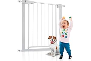 ALMAR Baby Barrera de Seguridad 75-82cm Blanco | Facil Montaje sin Tornillos para Puertas, Pasillos o Escalera para Niños o Mascotas | Valla Blanca con Sitema de Cierre Automático Giro Ambos Lados