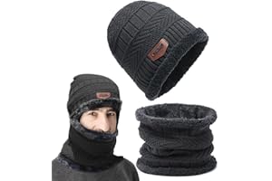 OUOQI Winter Warm Beanie Mütze,Beanie Mütze und Loop Schlauchschal mit Fleecefutter,Wintermütze und Loop Schal,Wintermütze und Schal-Set,Winter Beanie Hut Schal